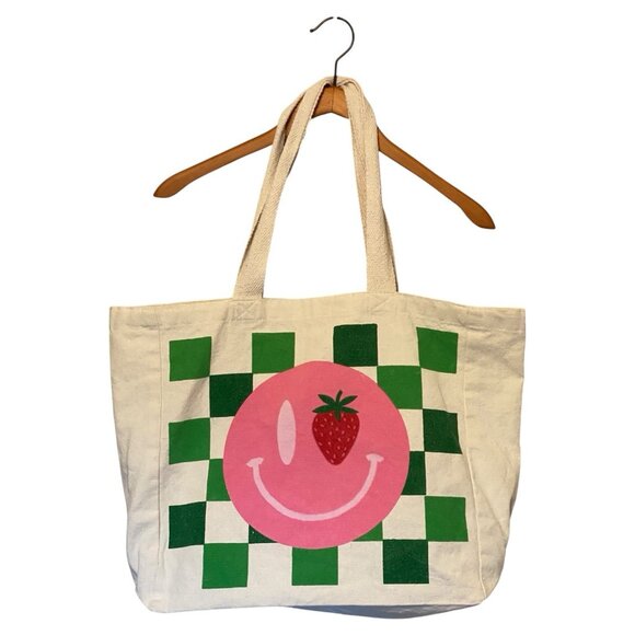 Unbranded Handbags - Green White Checker Board Canvas Tote Bag 16x15x6 Pink Smiley Face